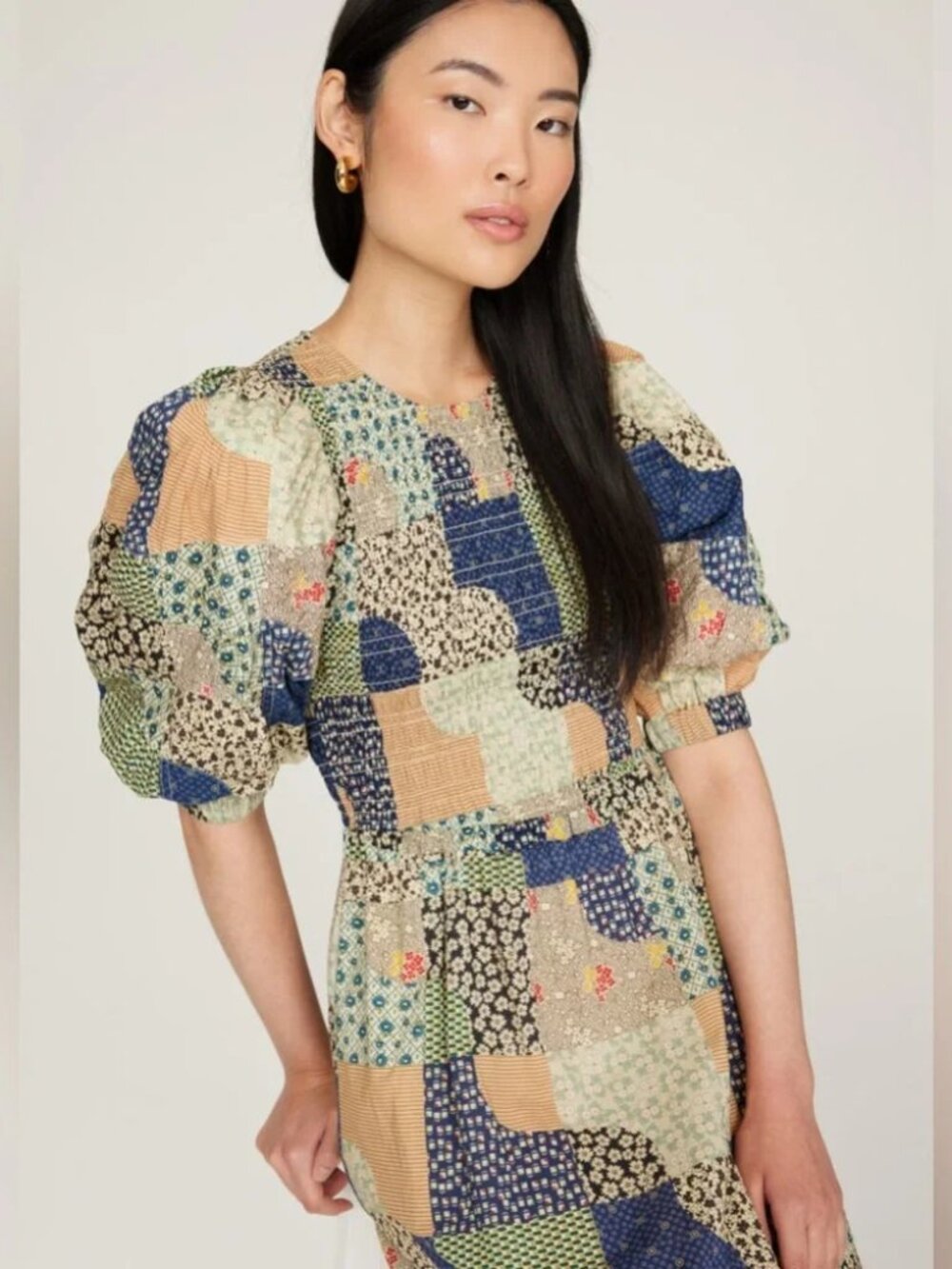 SEA New York Louie Midi Dress Puff sleeve Smocked Cotton Patchwork Cottagecore - Picture 9 of 16